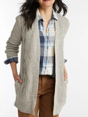 L.L.BEAN SIGNATURE Cozy Open-Front Cable Knit Cardigan Sweater Gray XLarrge